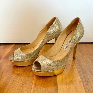 Jimmy Choo Metallic Gold Glitter Dahlia Platform Peep Toe Heels